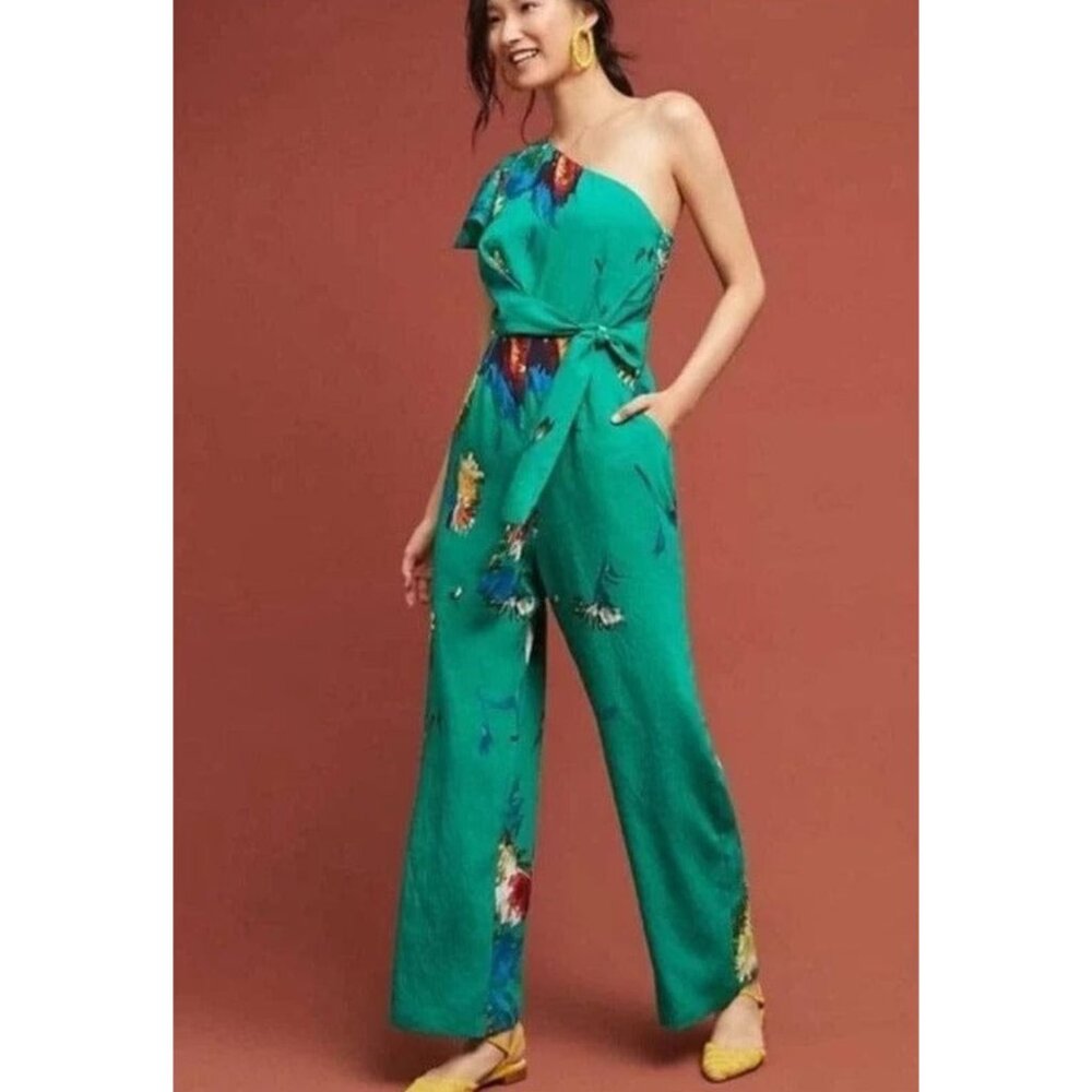 Eva Franco Anthropologie Garden Green Floral Wide Leg One-Shoulder Jumpsuit NWT - Picture 2 of 4
